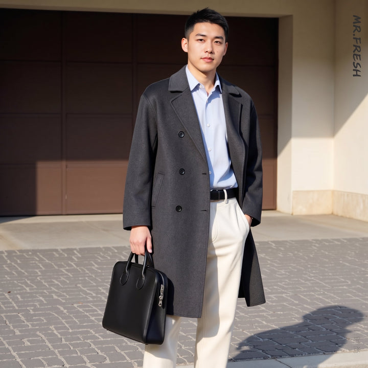 Caban long laine homme, oversize croisé droit double boutonnage