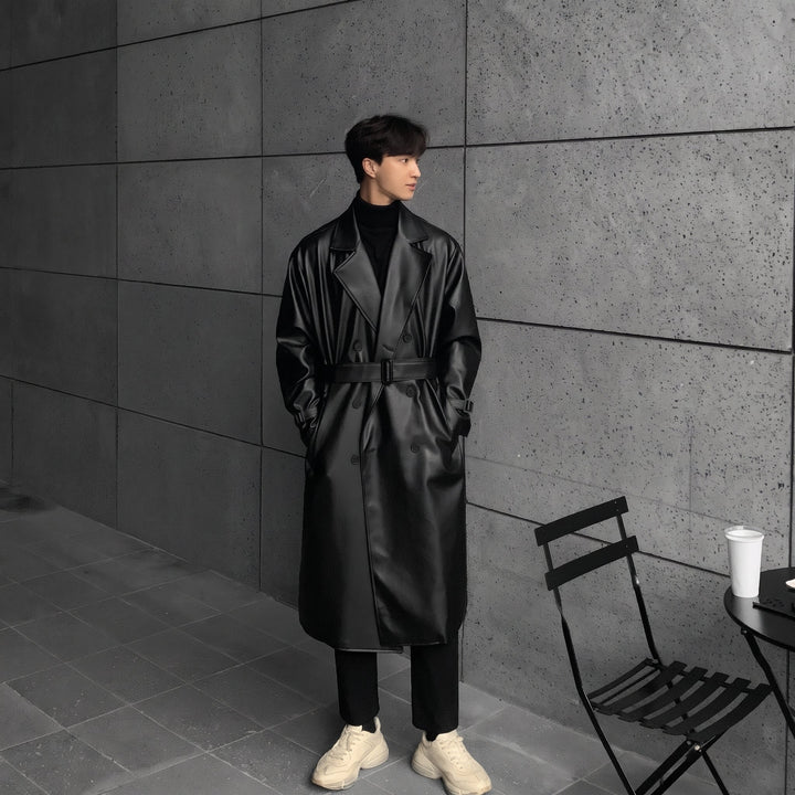 Trench long hiver homme, oversize croisé ceinturé masculin
