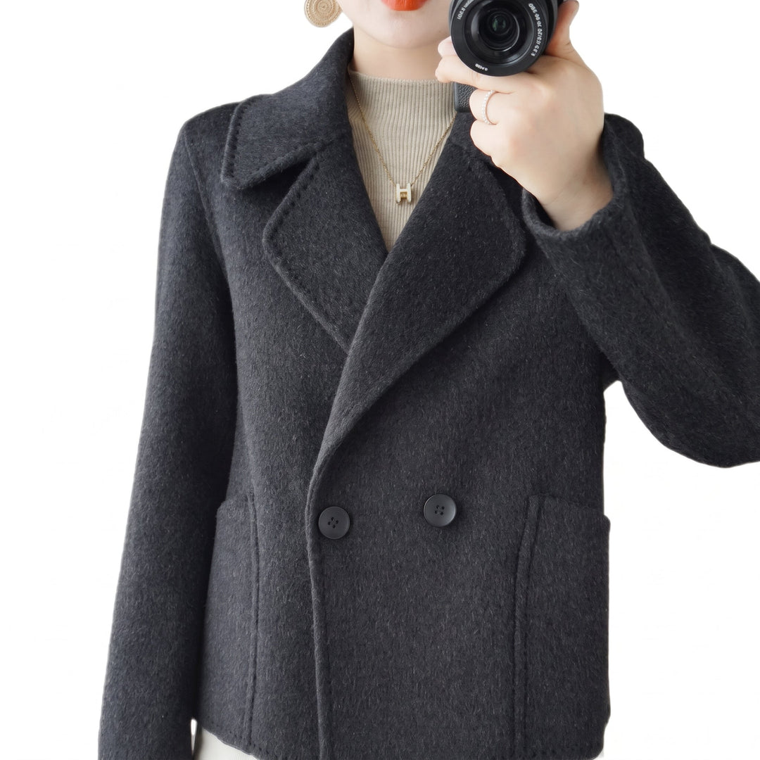 Caban noir court hiver femme, croisé col tailleur poches plaquées