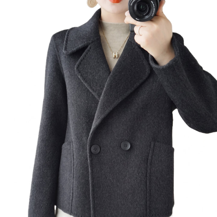 Caban noir court hiver femme, croisé col tailleur poches plaquées