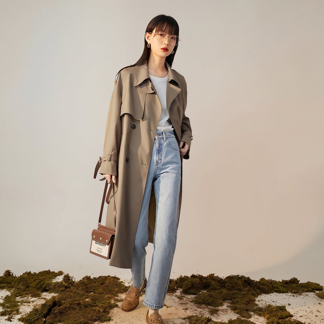 Trench long hiver femme, ceinturé manches raglan empiècement tempête