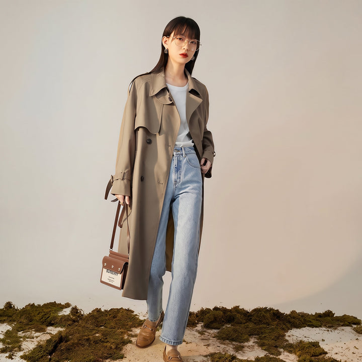 Trench long hiver femme, ceinturé manches raglan empiècement tempête