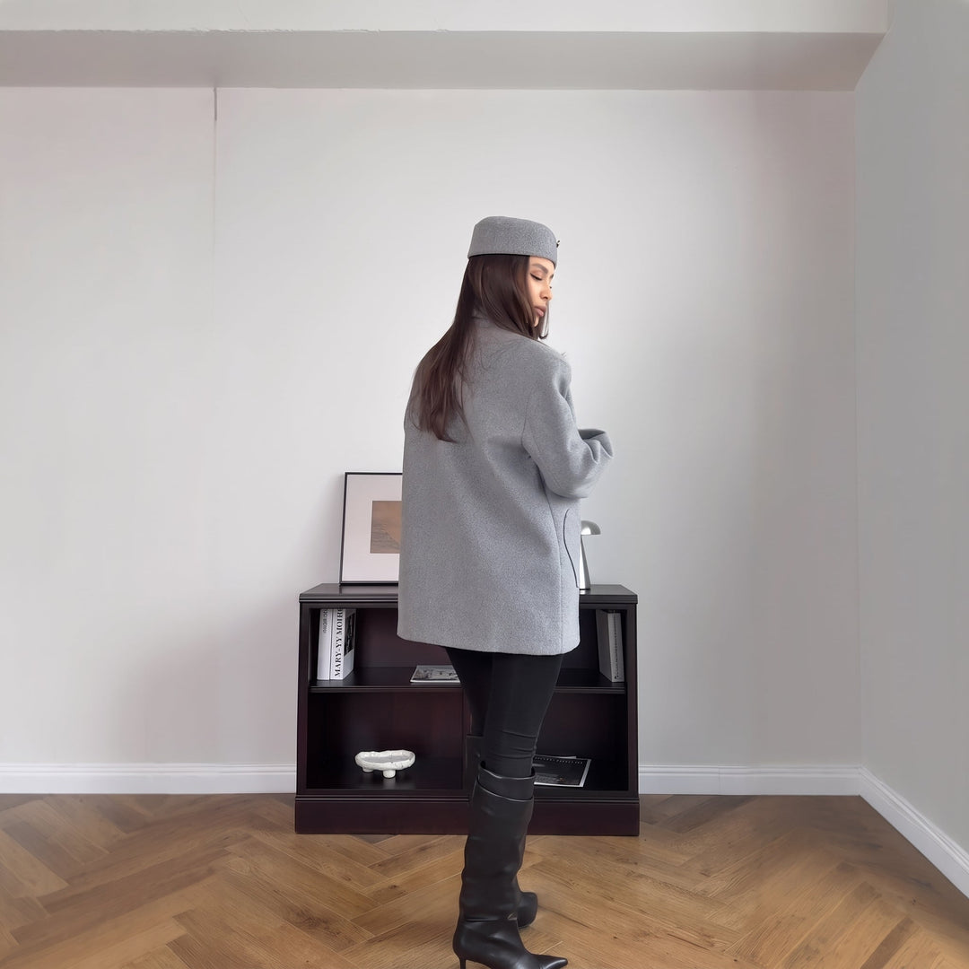 Caban court oversize femme, croisé poches coeur épaules tombantes