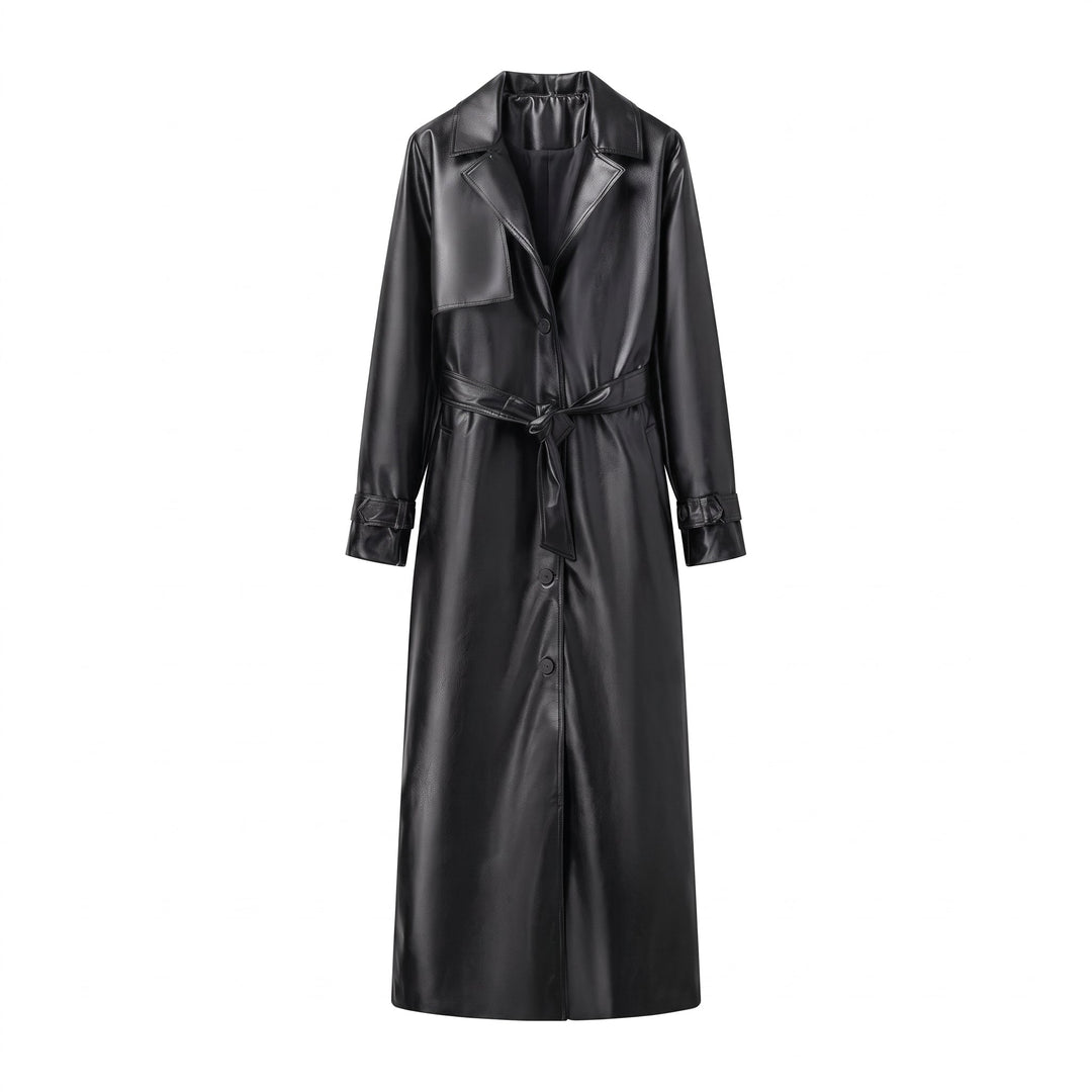 Trench long oversize femme, ceinturé col tailleur pattes de poignet