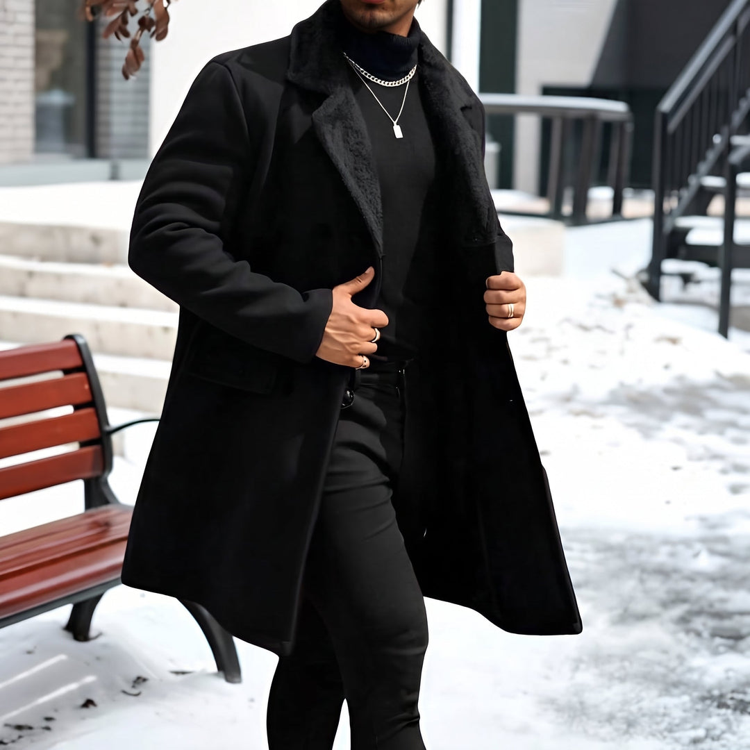 Caban long hiver homme, col fourrure croisé double boutonnage