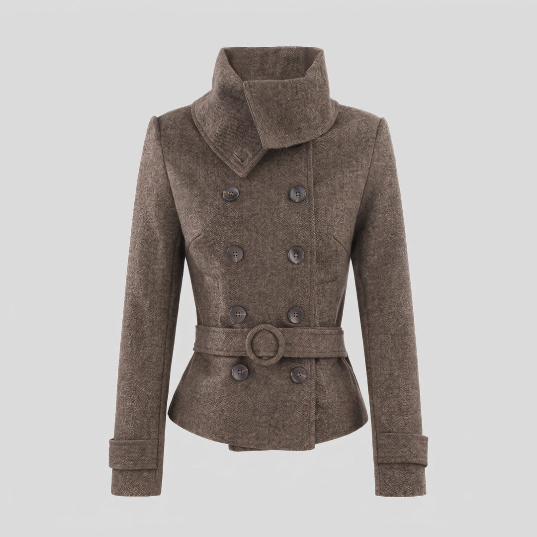 Caban court hiver femme, cintré col montant ceinturé croisé