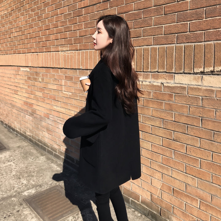 Caban noir oversize hiver femme, mi long croisé droit double boutonnage