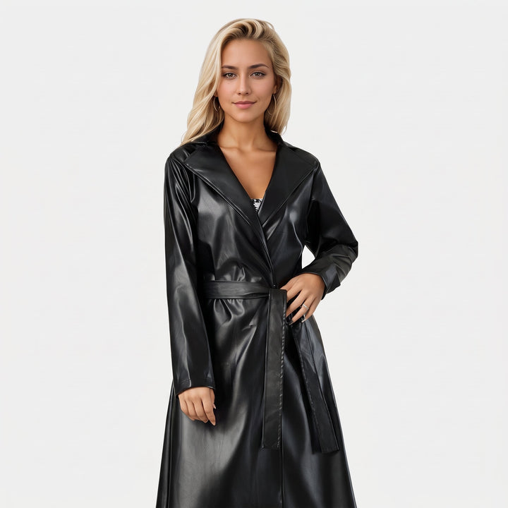Trench long simili cuir femme, droit col tailleur aspect brillant