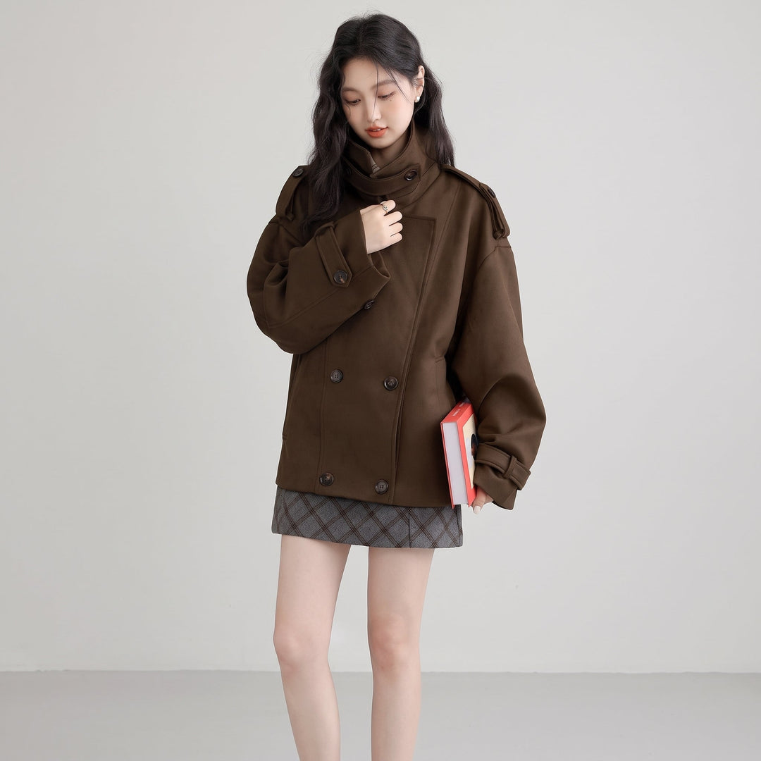 Caban marron court hiver femme, oversize croisé épaulettes grand col revers