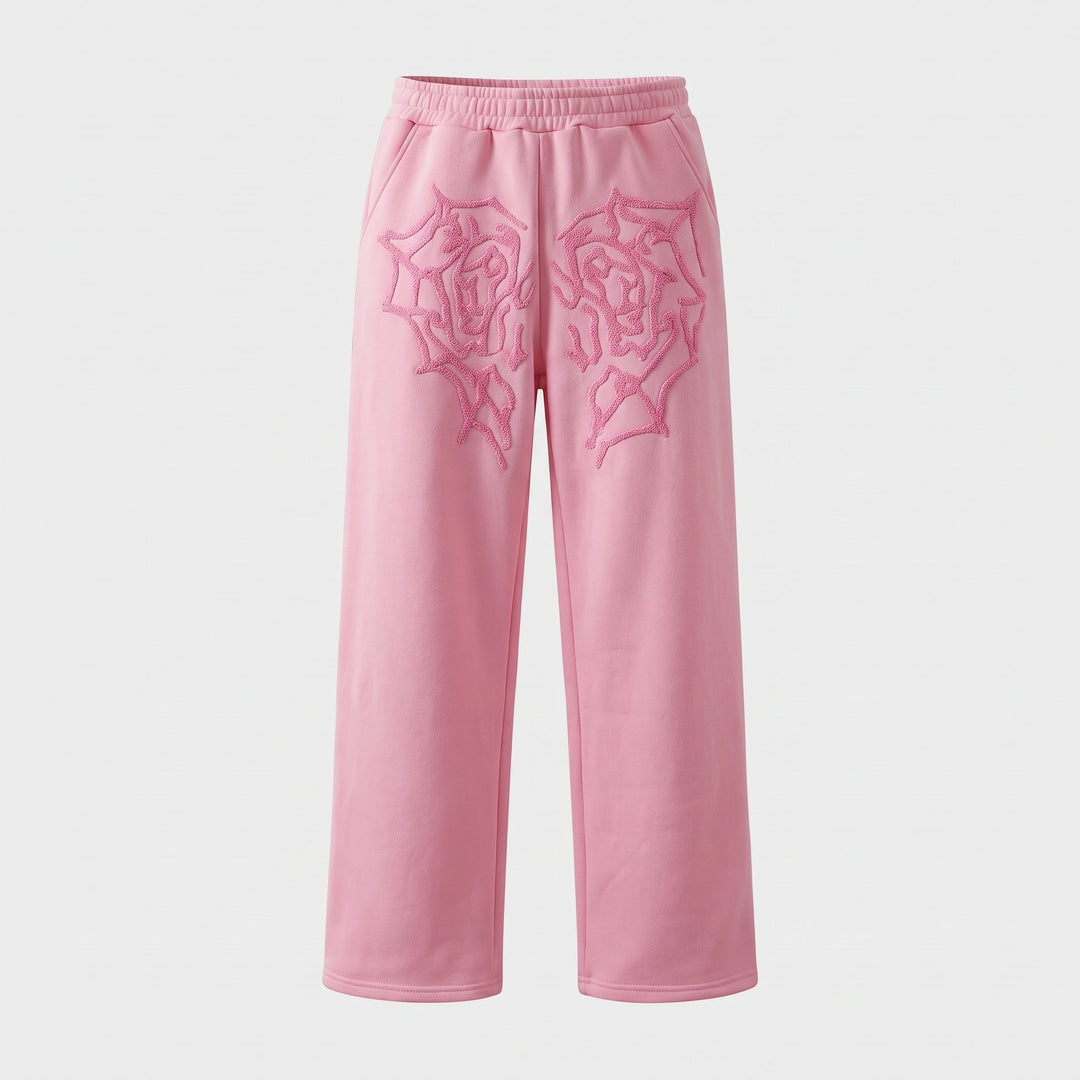 Jogging femme large oversize baggy, broderie roses et toile d'araignée