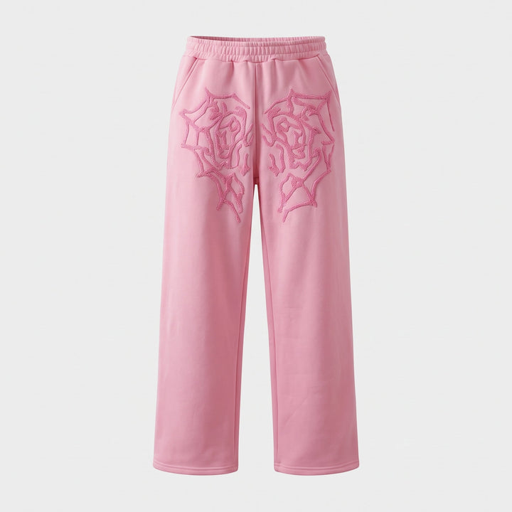 Jogging femme large oversize baggy, broderie roses et toile d'araignée