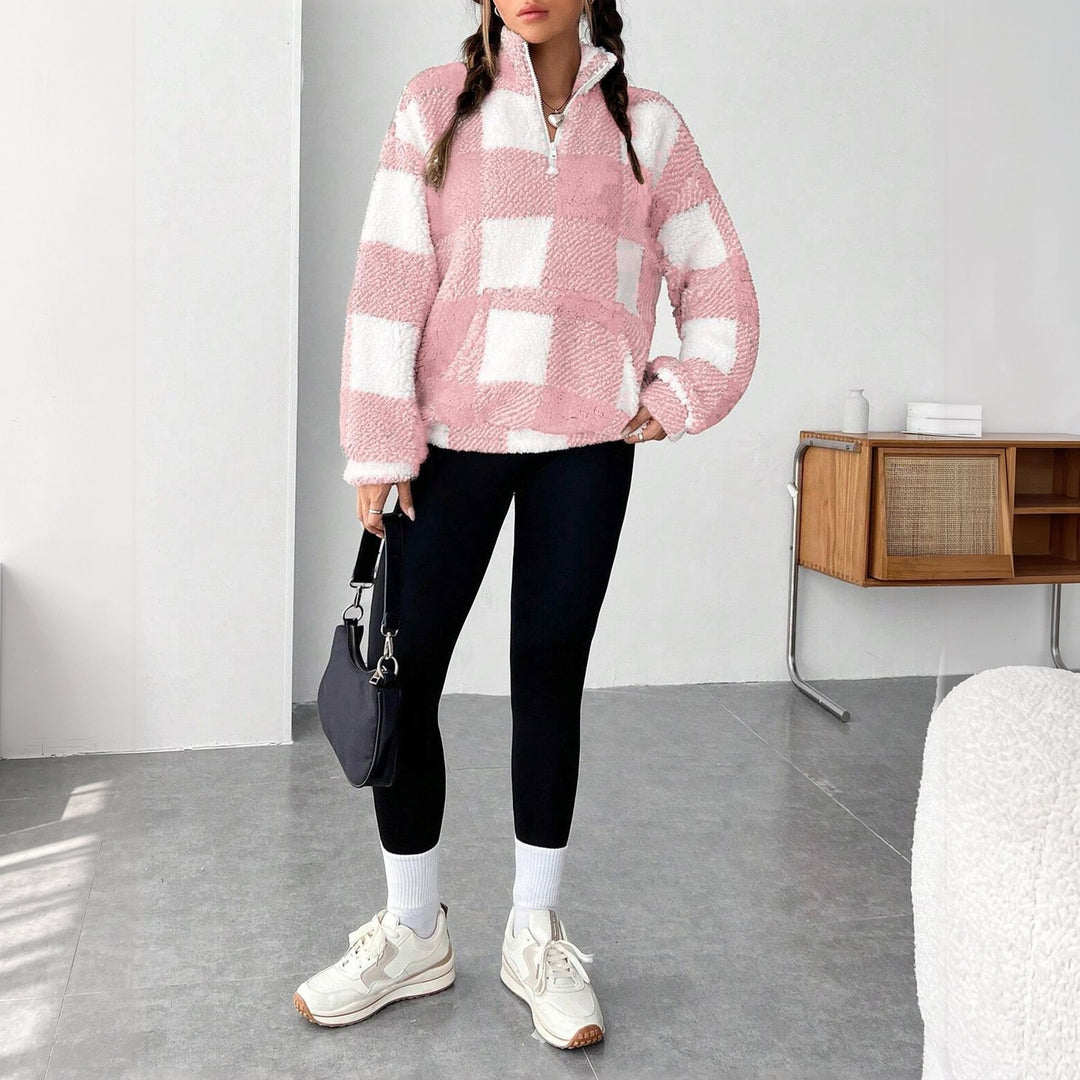 Pull camionneur femme, oversize à carreaux effet teddy