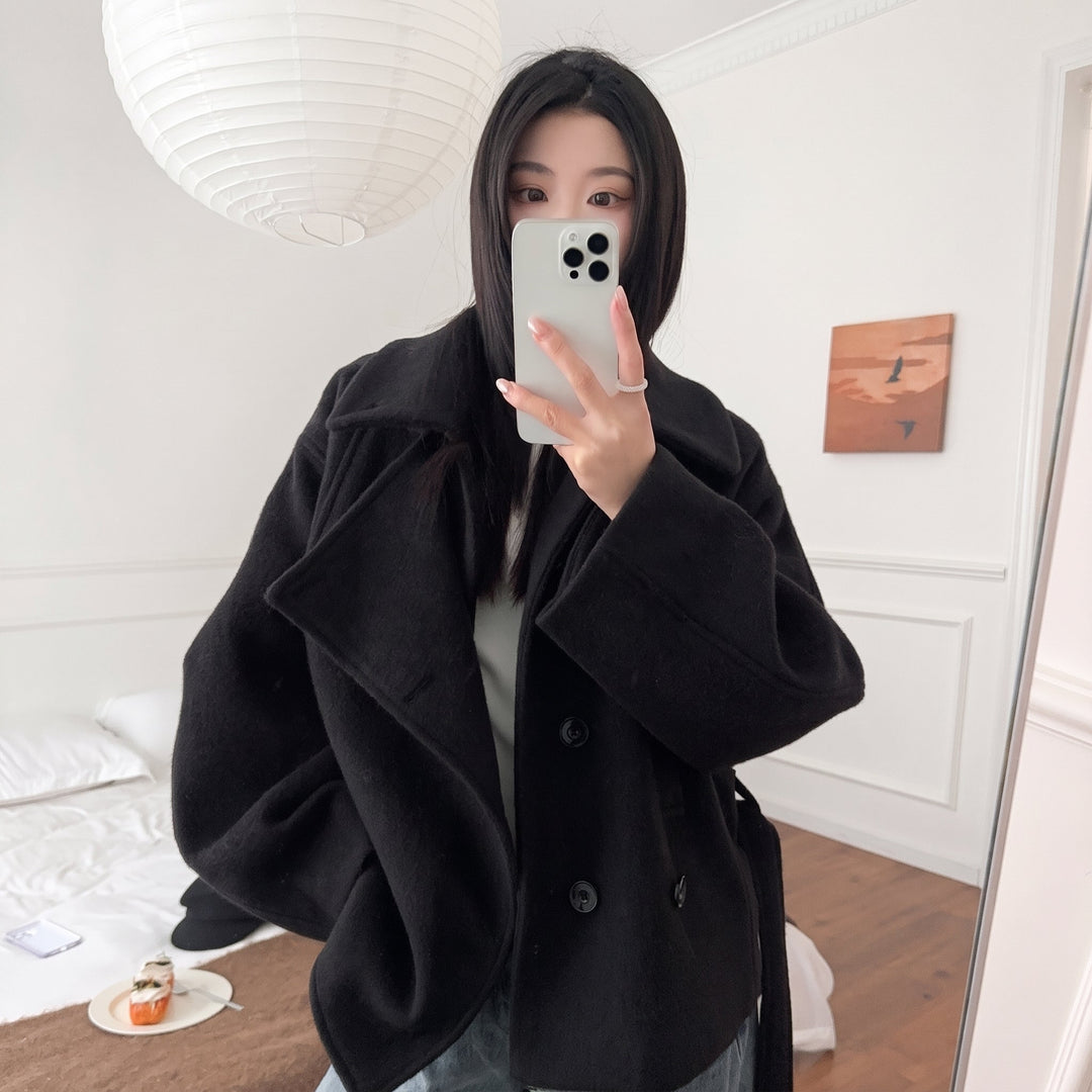 Caban noir court hiver femme, oversize ceinturé manches larges