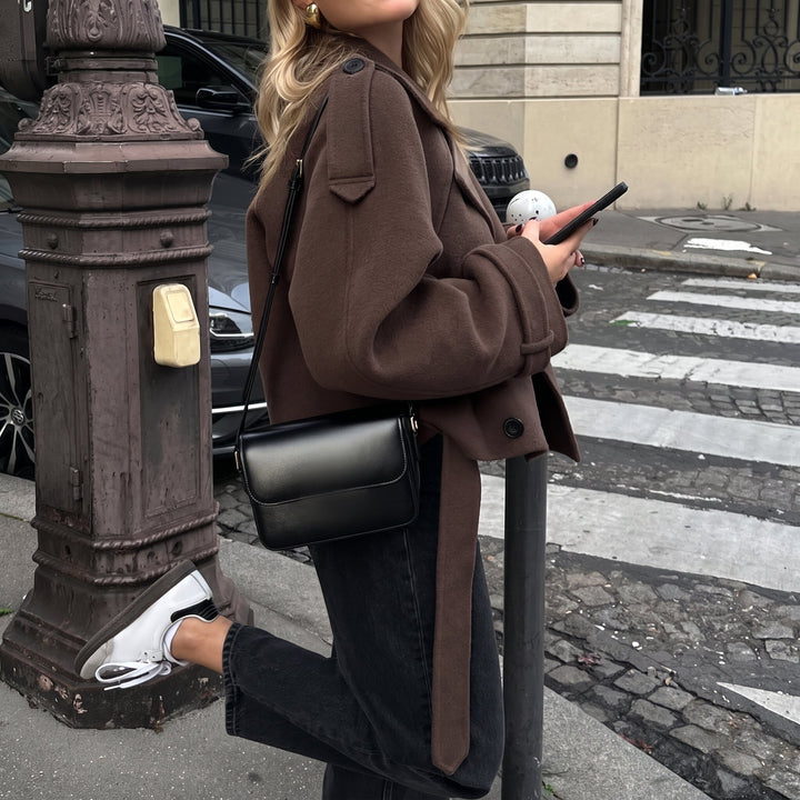 Caban marron femme, court cintré croisé ceinture amovible