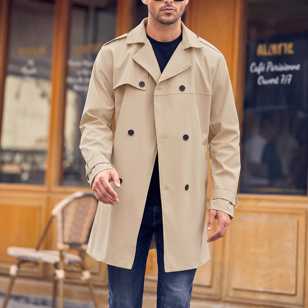 Trench long hiver homme, croisé ceinturé épaulettes rabat tempête