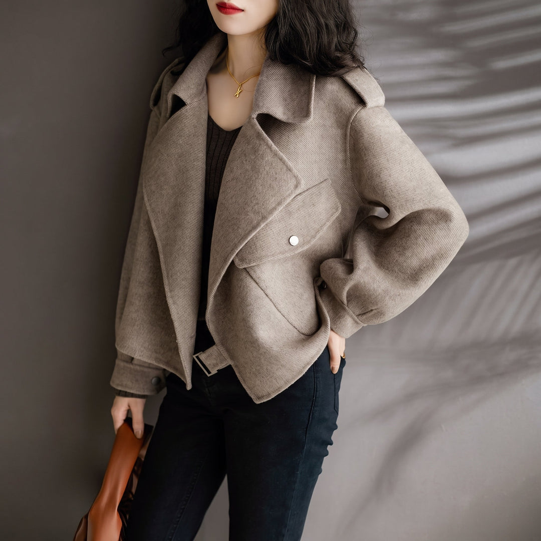 Caban taupe court hiver femme, oversize larges revers épaulettes