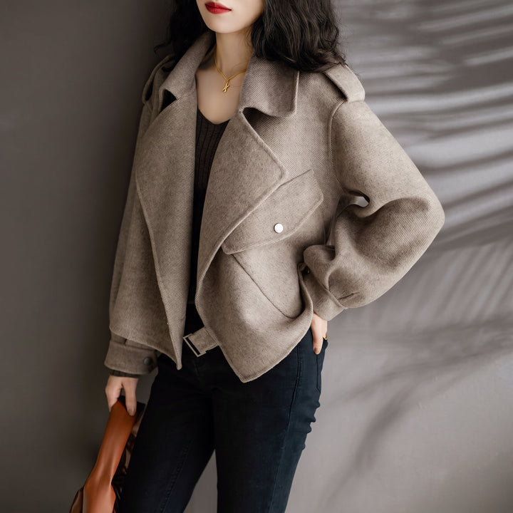 Caban taupe court hiver femme, oversize larges revers épaulettes