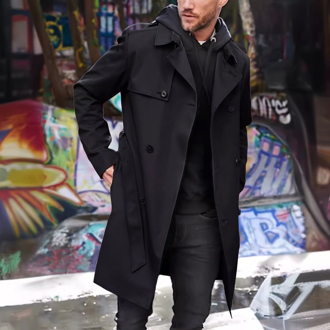 Trench mi long croisé homme, droit masculin épaulettes rabat tempête