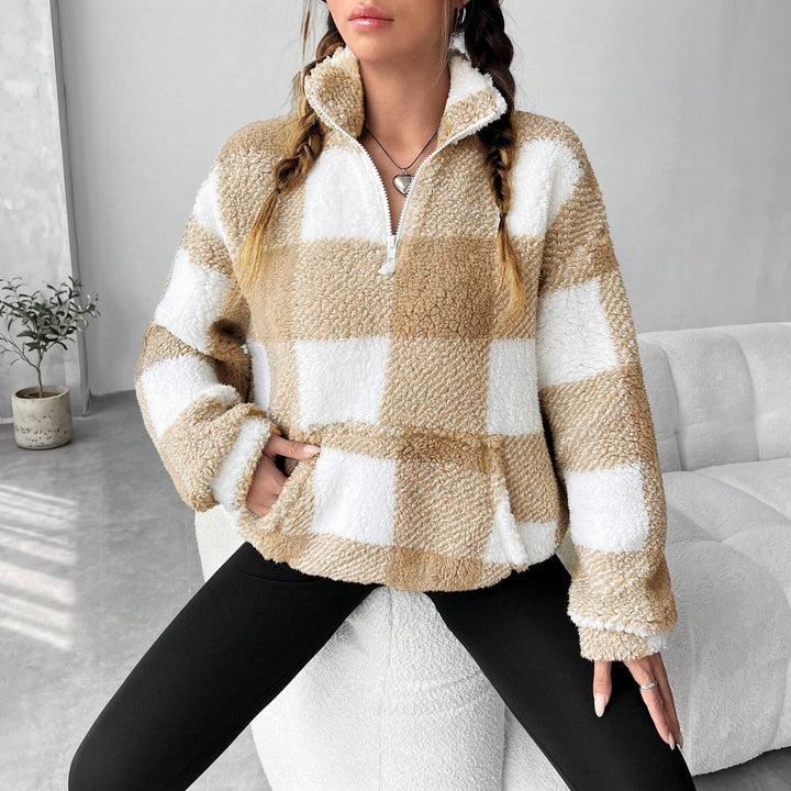 Pull camionneur femme, oversize à carreaux effet teddy