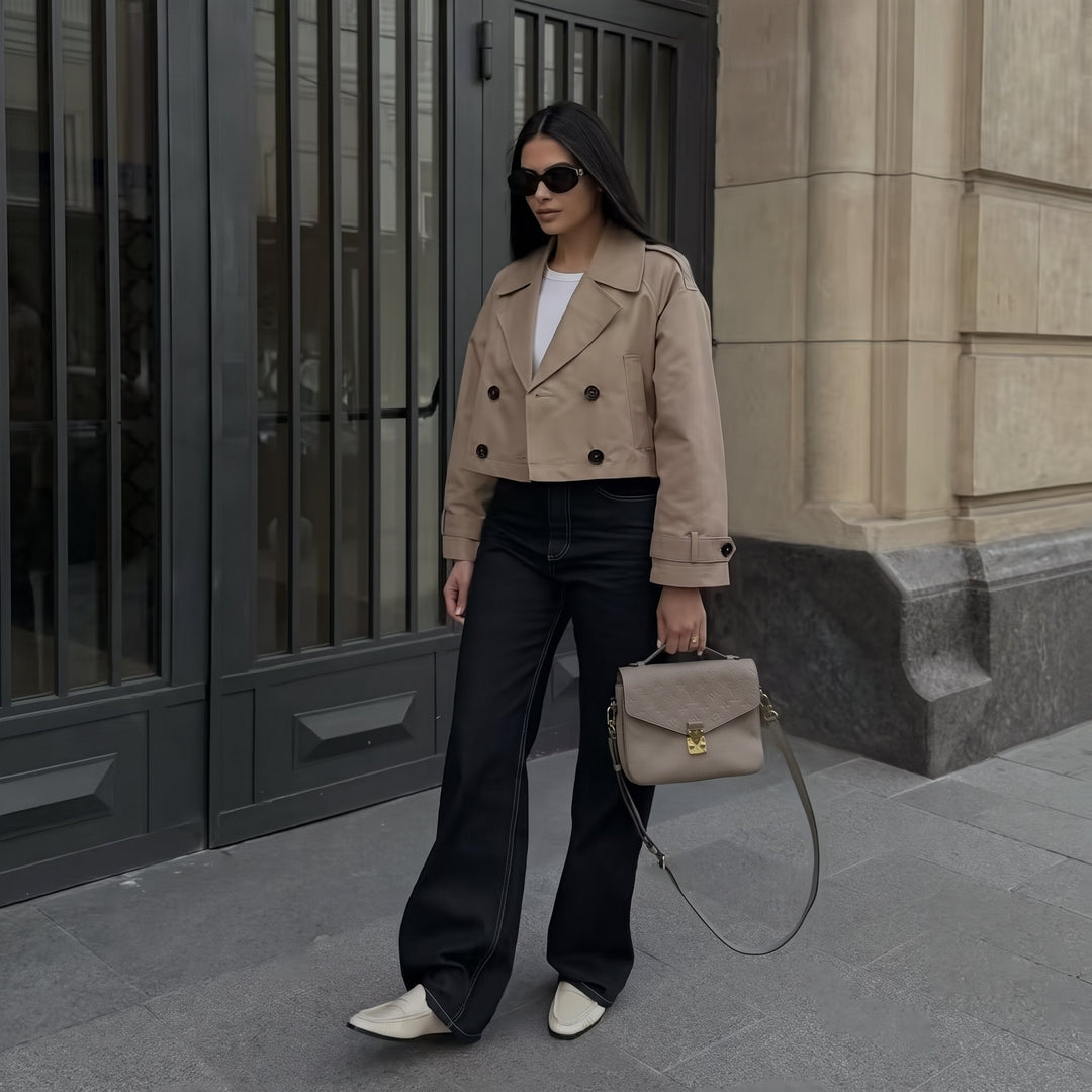 Caban court oversize femme, croisé épaulettes pattes de poignet