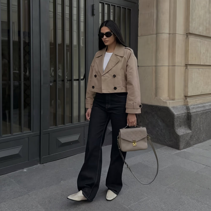 Caban court oversize femme, croisé épaulettes pattes de poignet
