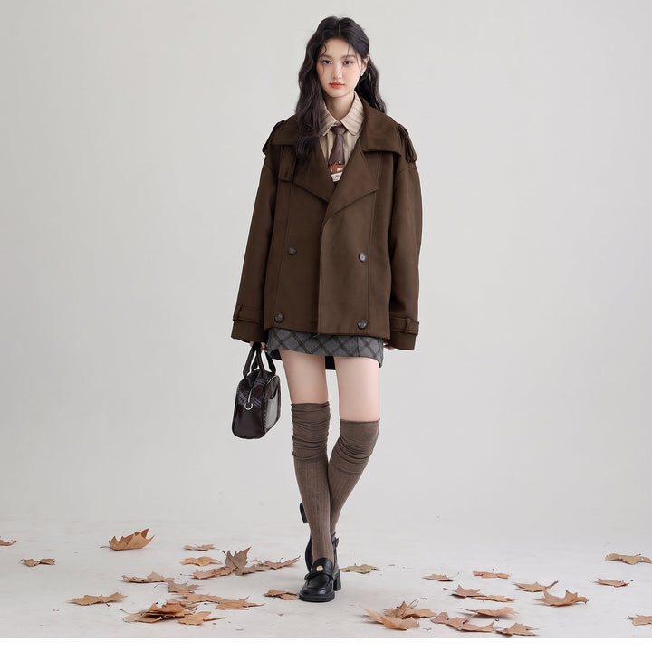 Caban marron court hiver femme, oversize croisé épaulettes grand col revers
