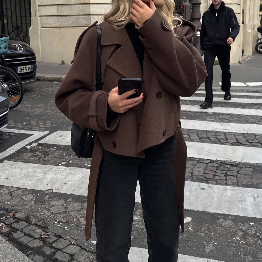 Caban marron femme, court cintré croisé ceinture amovible