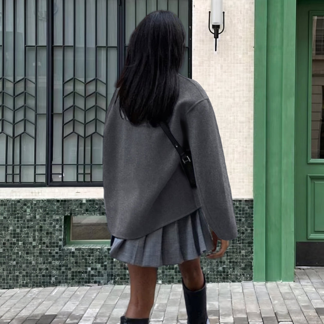 Caban court oversize femme, col montant croisé épaules tombantes