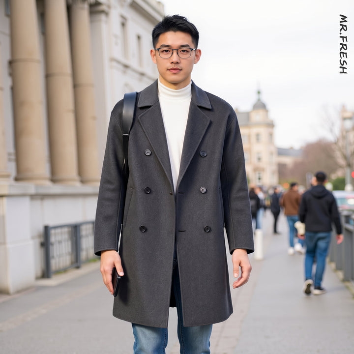 Caban long laine homme, oversize croisé droit double boutonnage