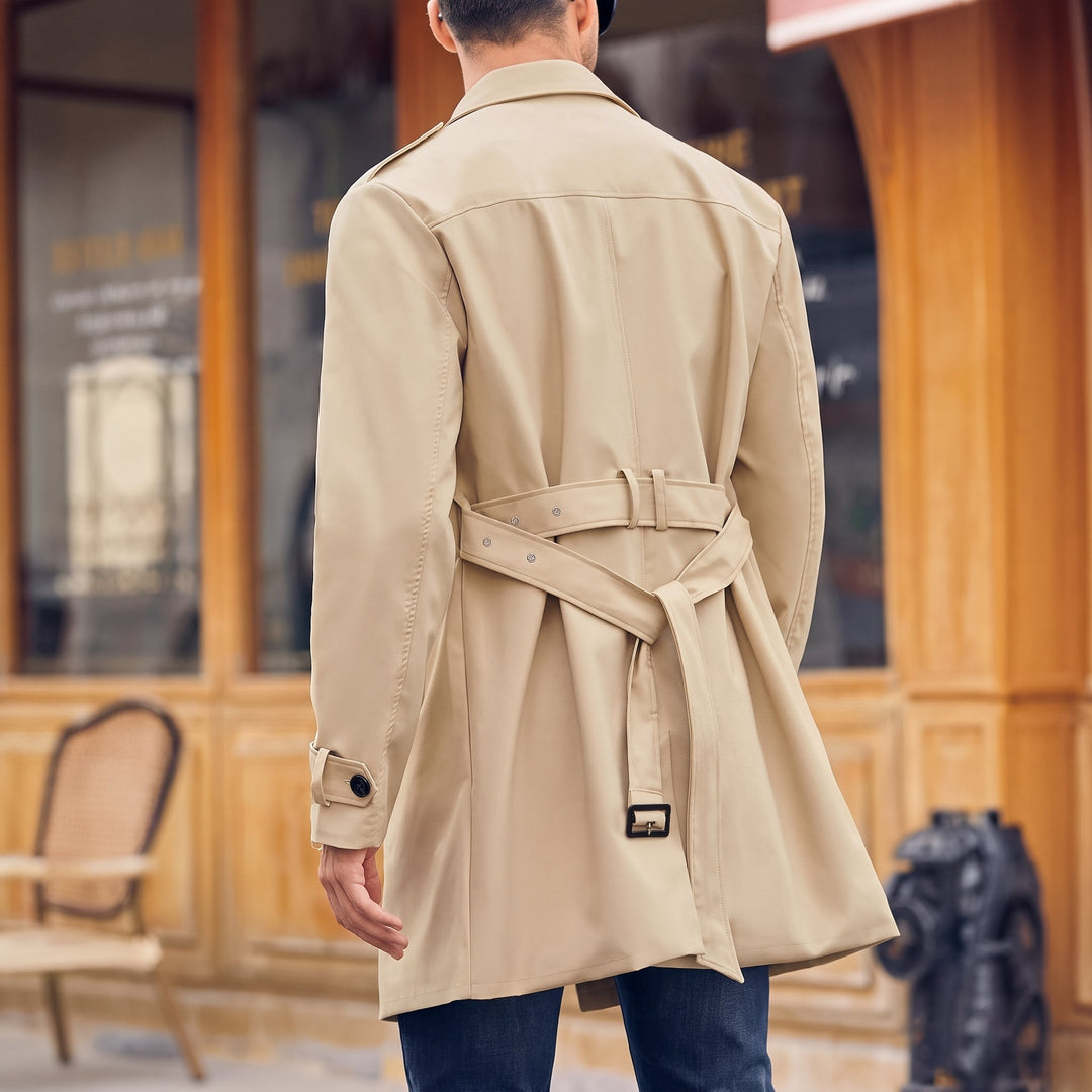 Trench long hiver homme, croisé ceinturé épaulettes rabat tempête