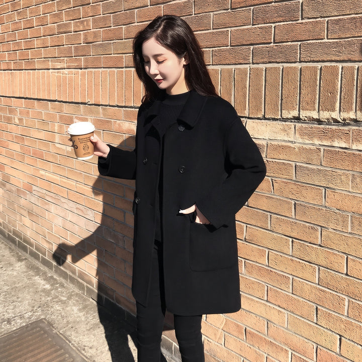 Caban noir oversize hiver femme, mi long croisé droit double boutonnage