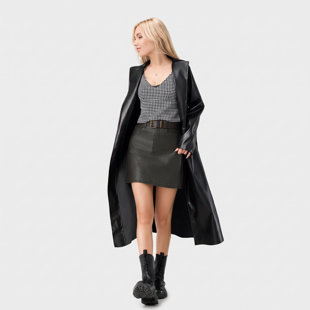 Trench long simili cuir femme, droit col tailleur aspect brillant