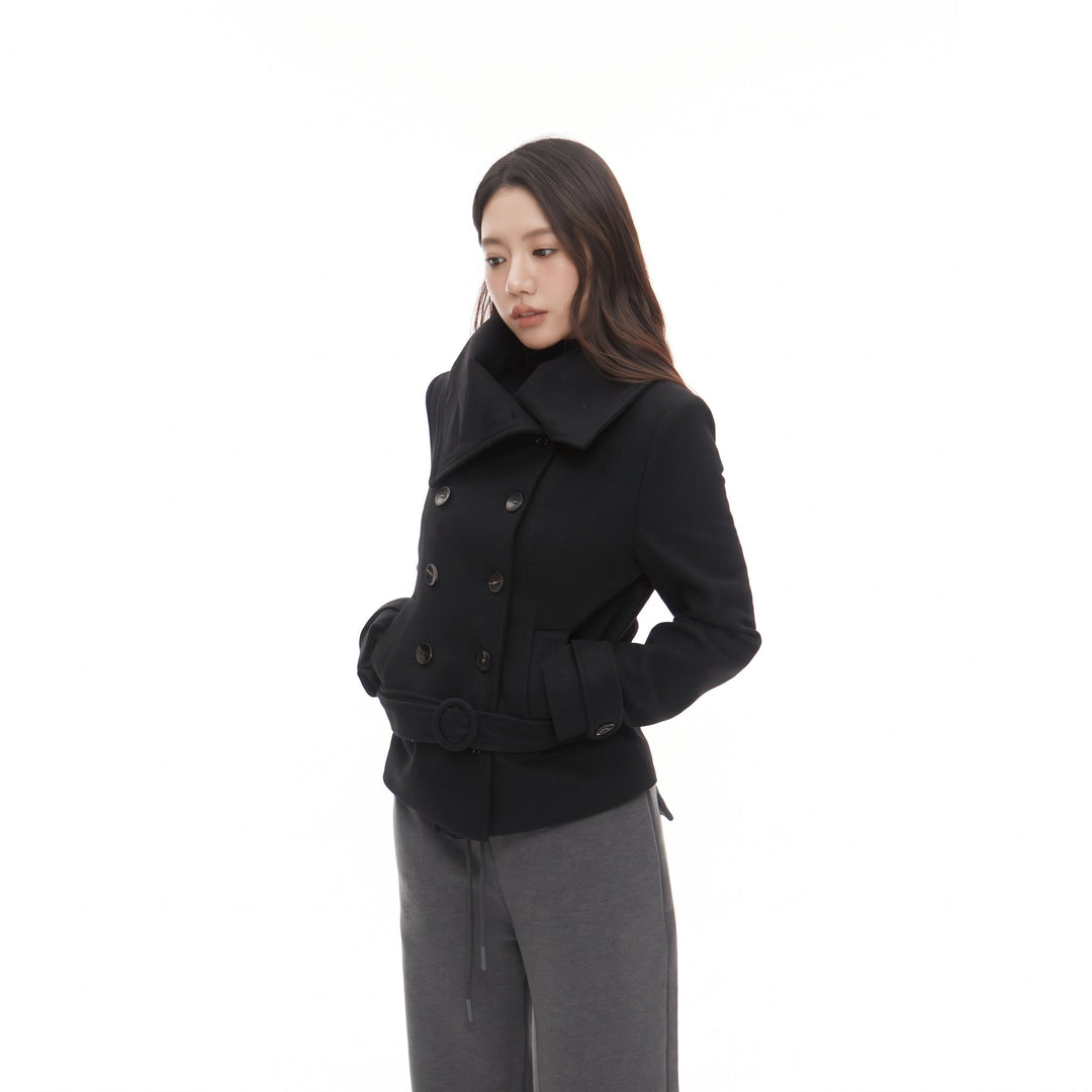 Caban court hiver femme, cintré col montant ceinturé croisé