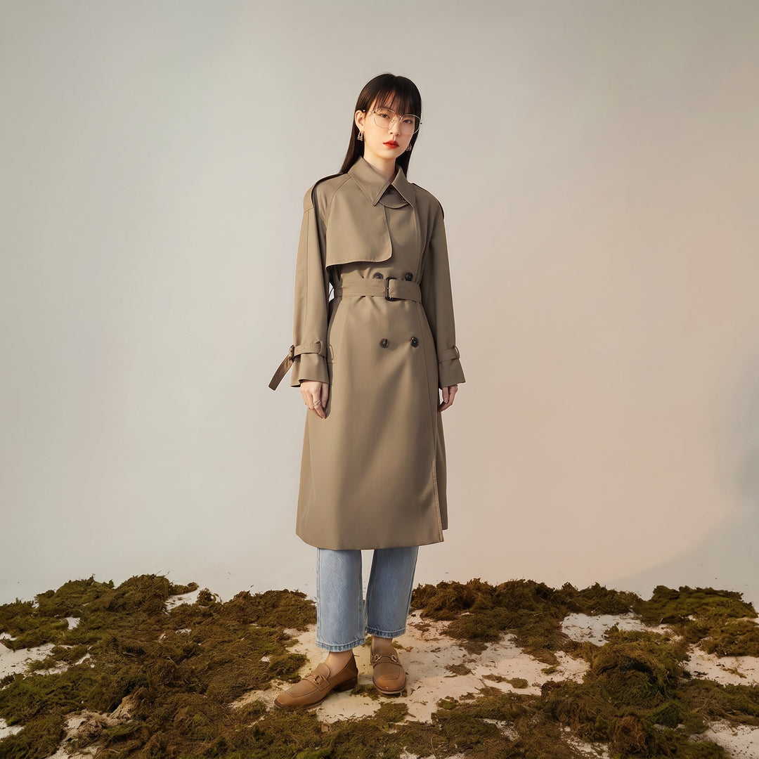 Trench long hiver femme, ceinturé manches raglan empiècement tempête