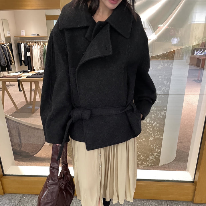 Caban noir court hiver femme, oversize ceinturé manches larges