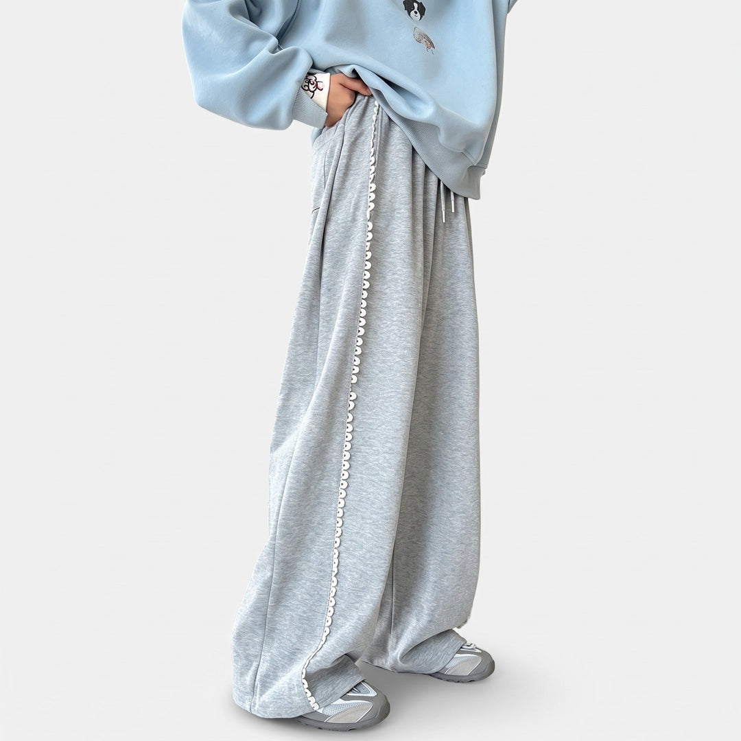 Jogging femme large baggy, dentelle festonnée aux coutures et à l'ourlet
