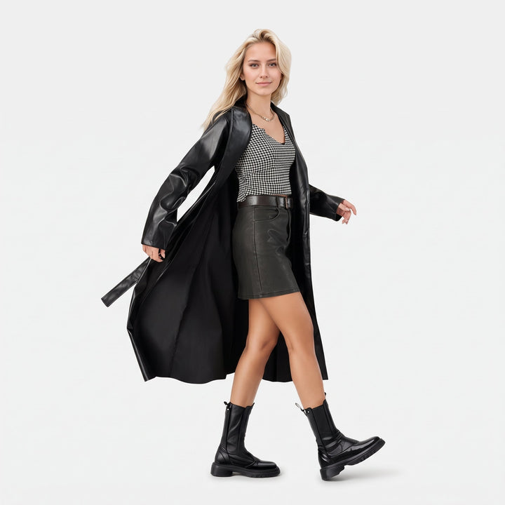 Trench long simili cuir femme, droit col tailleur aspect brillant