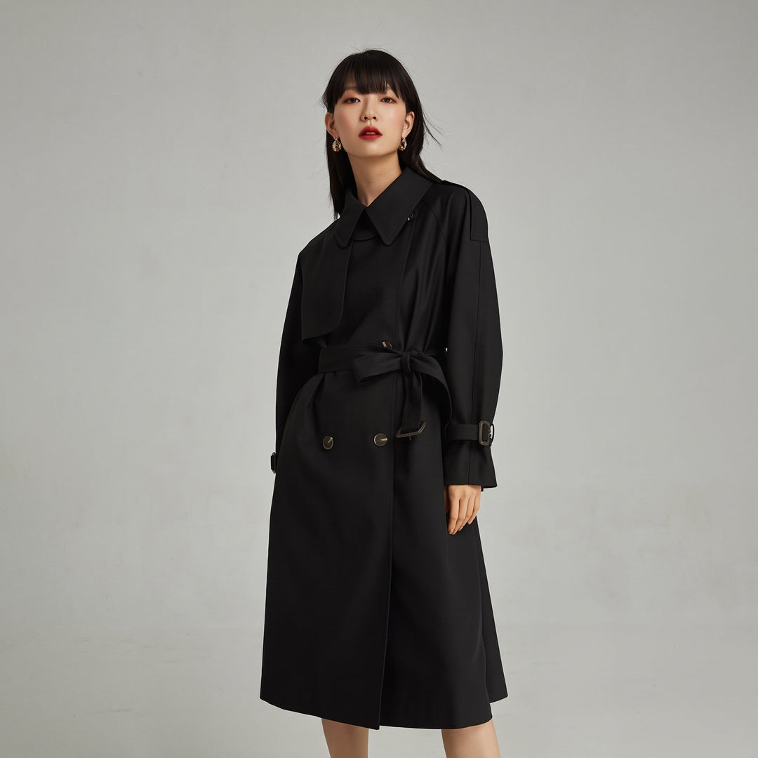 Trench long hiver femme, ceinturé manches raglan empiècement tempête