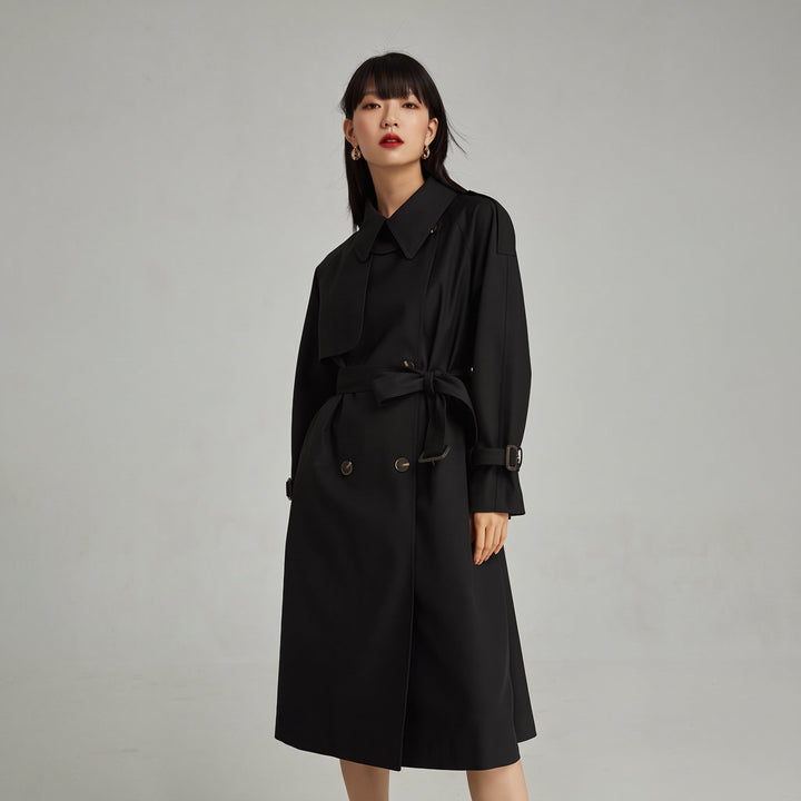 Trench long hiver femme, ceinturé manches raglan empiècement tempête