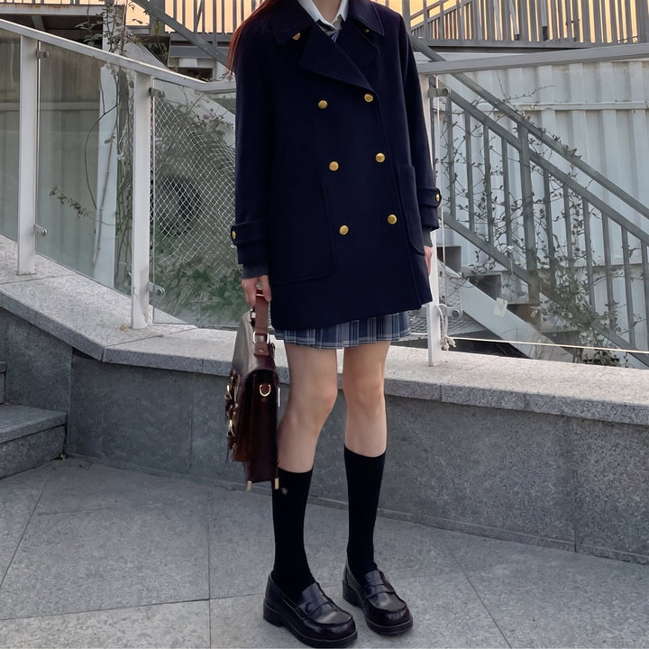 Caban marin hiver femme, mi long oversize croisé navy droit