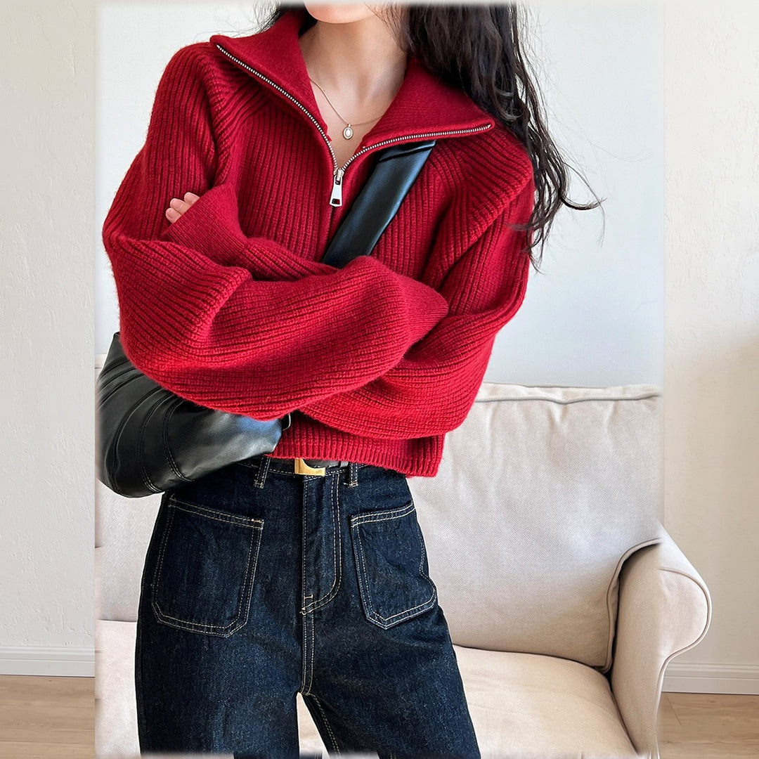 Pull camionneur femme, court côtelé à col montant