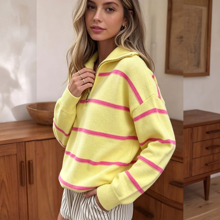 Pull camionneur femme, maille rayée oversize et col zippé