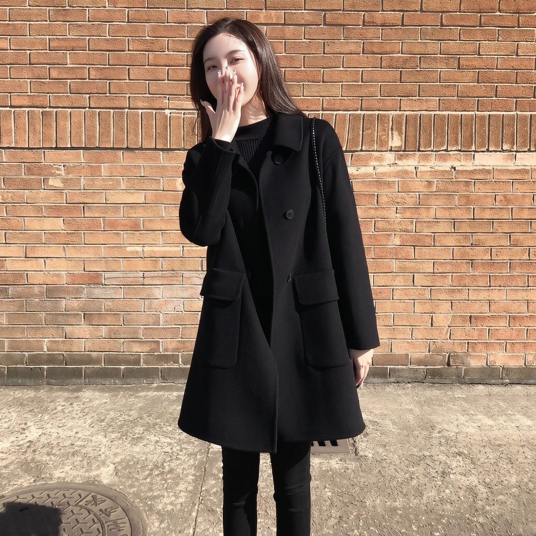 Caban noir oversize hiver femme, mi long croisé droit double boutonnage