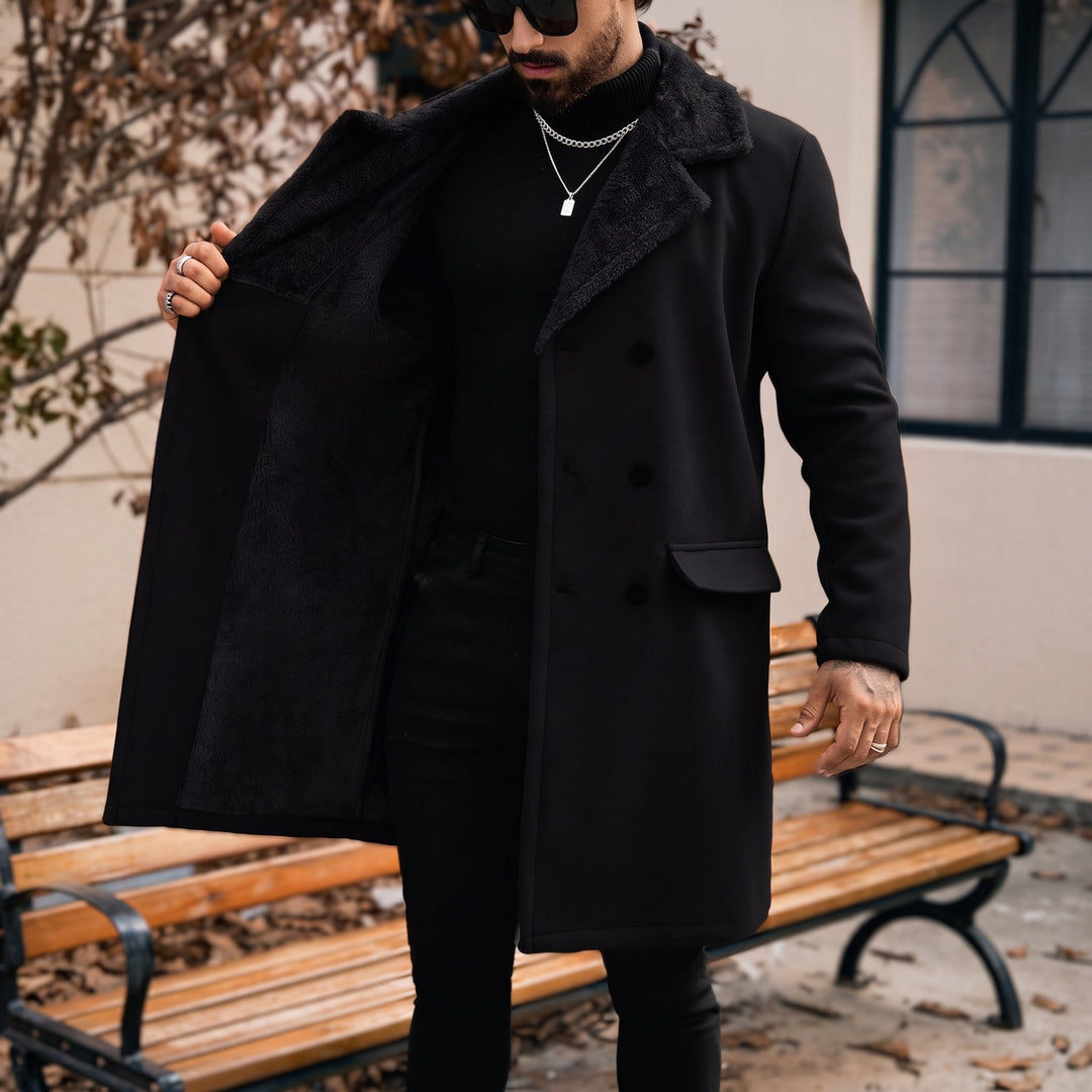 Caban long hiver homme, col fourrure croisé double boutonnage