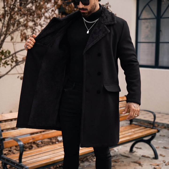 Caban long hiver homme, col fourrure croisé double boutonnage