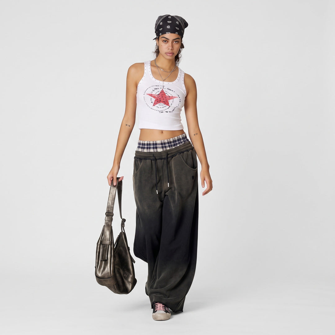 Jogging femme large oversize, ceinture boxer à carreaux et bas brut