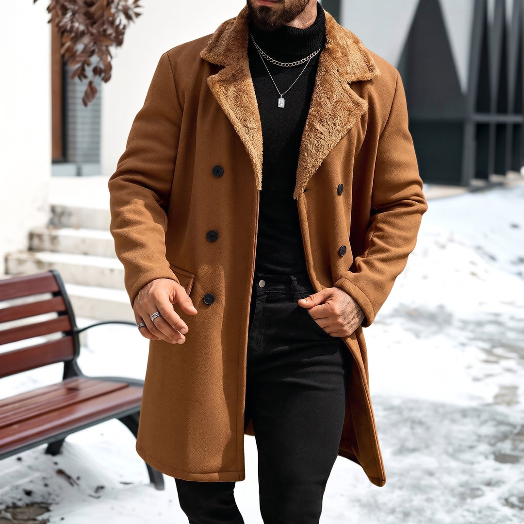 Caban long hiver homme, col fourrure croisé double boutonnage