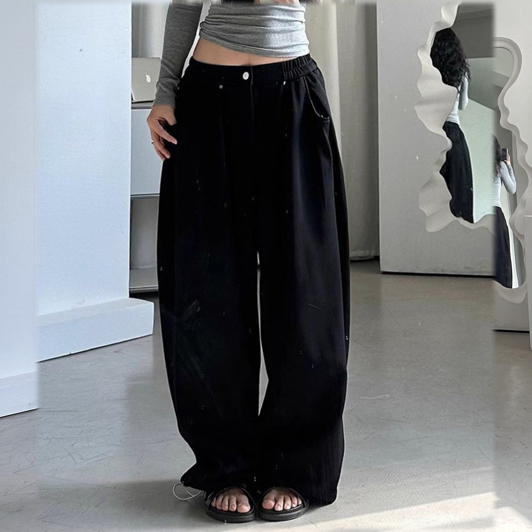 Jogging femme large baggy, plis rivetés et taille basse boutonnée