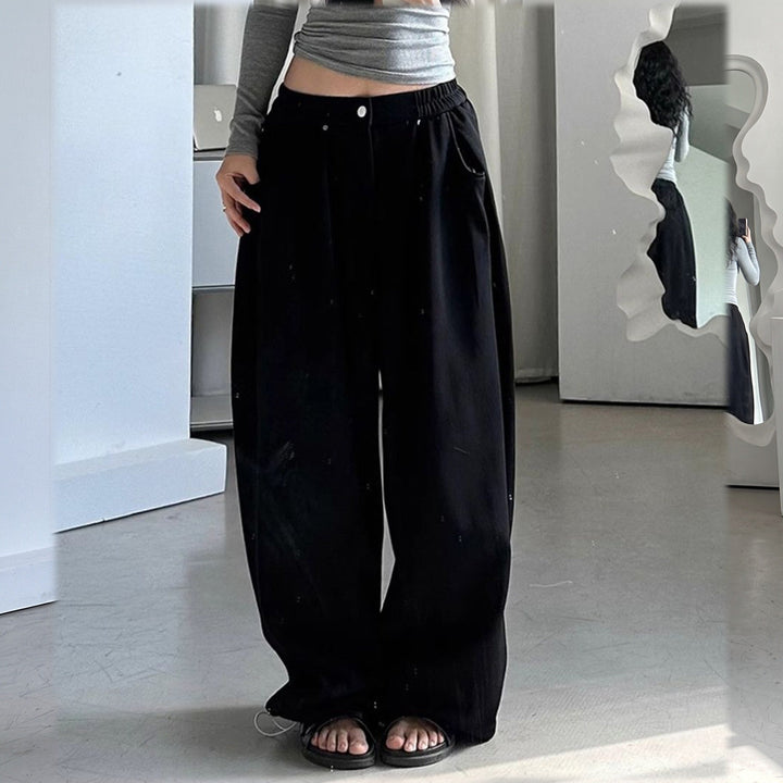 Jogging femme large baggy, plis rivetés et taille basse boutonnée