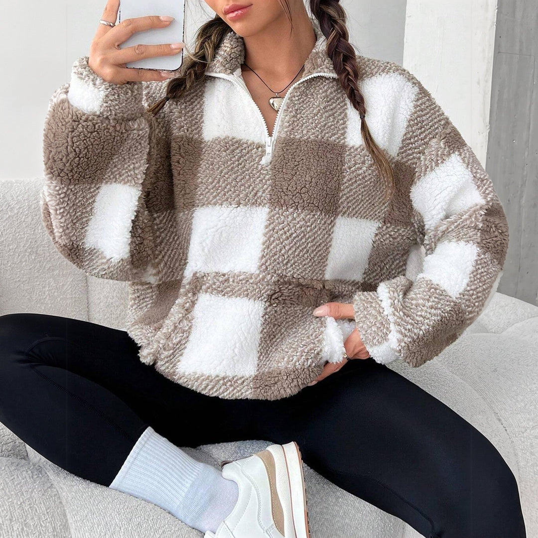 Pull camionneur femme, oversize à carreaux effet teddy
